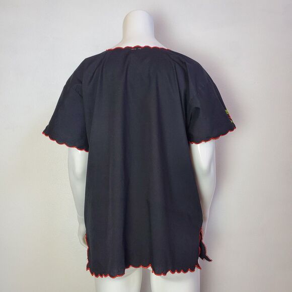 Vintage 80s Red Floral Embroidered Black Blouse - Picture 4 of 7